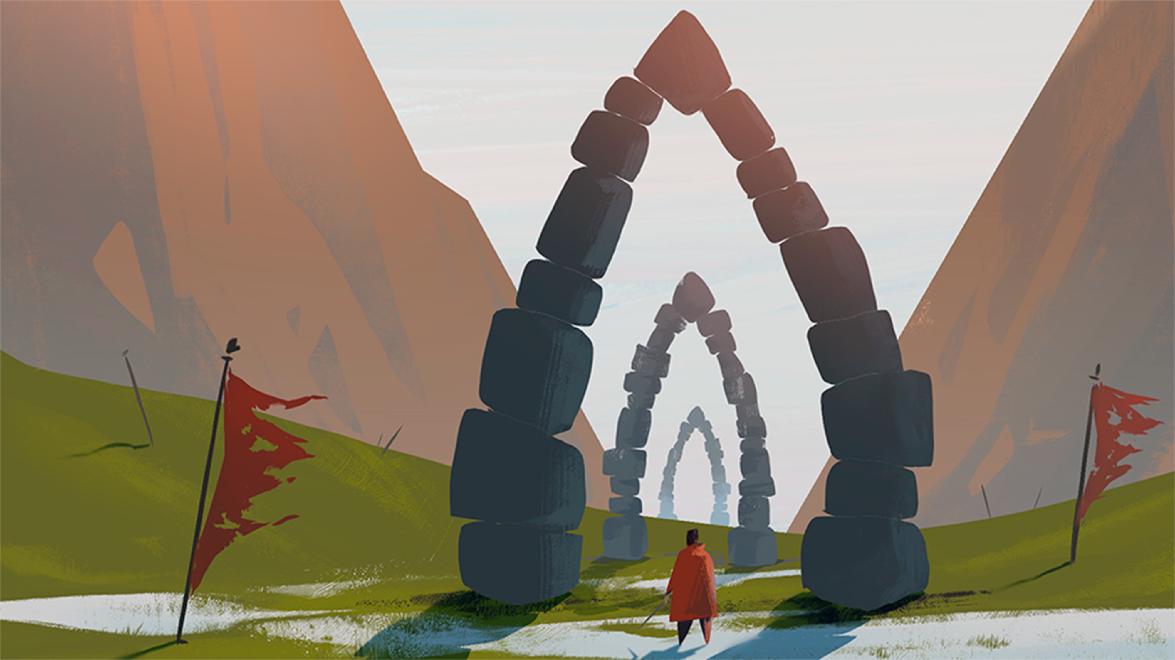 Ilustración conceptual de un paisaje con arcos de piedra, representación visual del proceso creativo y la narrativa en animación 2D.