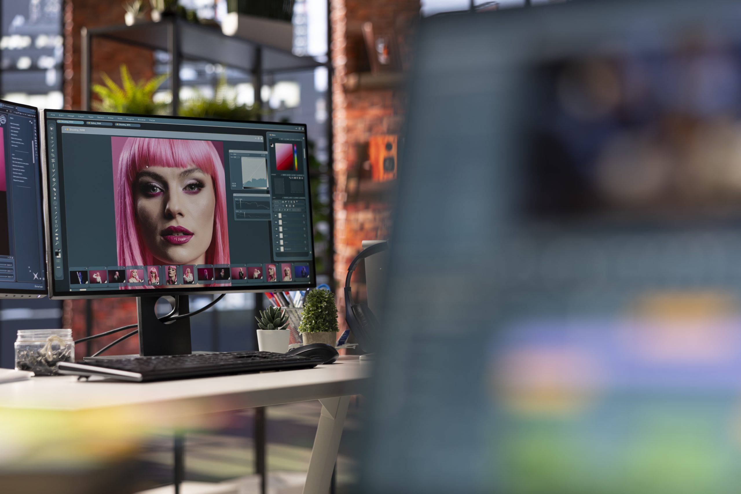 Del retoque 2D a los entornos 3D: la transformación del artista digital Pantalla de ordenador mostrando la edición digital de un retrato femenino con cabello rosa, en un espacio de trabajo creativo moderno.